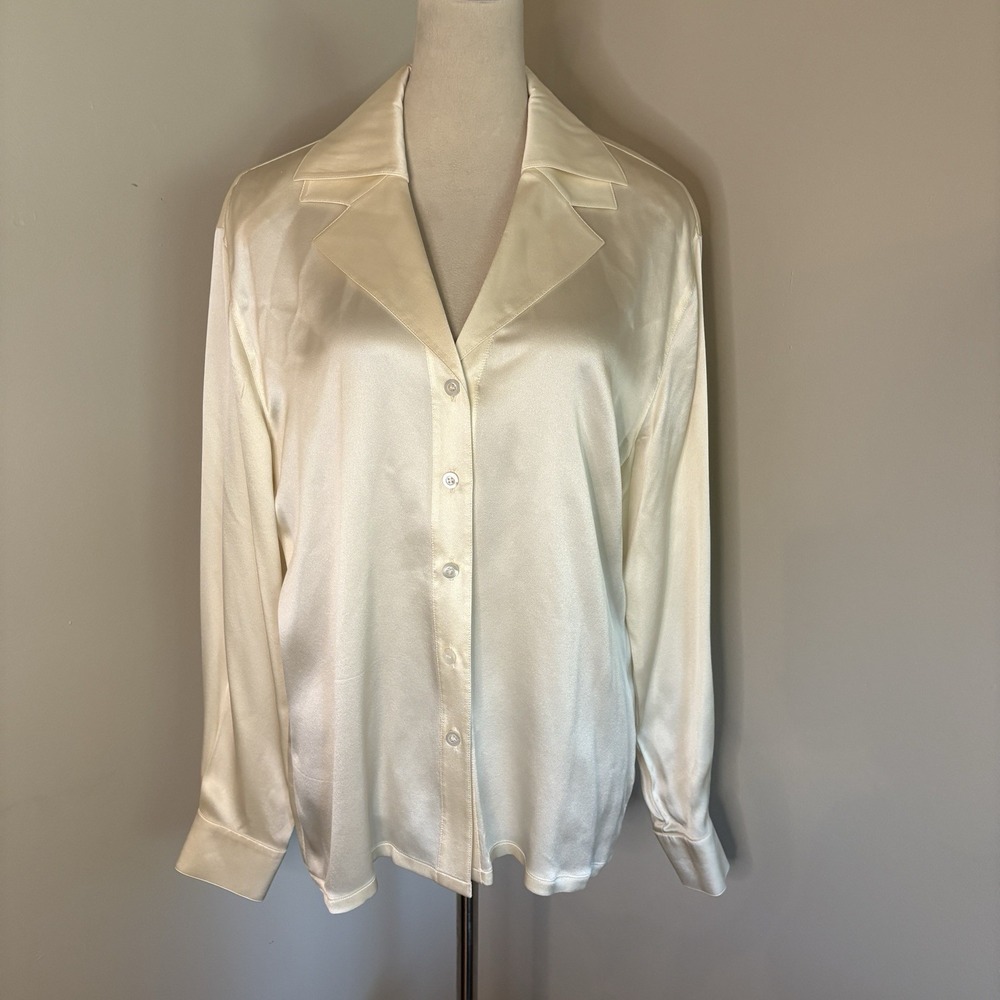 VTG Escada Margaretha Ley Silk Satin Blouse Ivory Cream Notched Collar 42 US 10